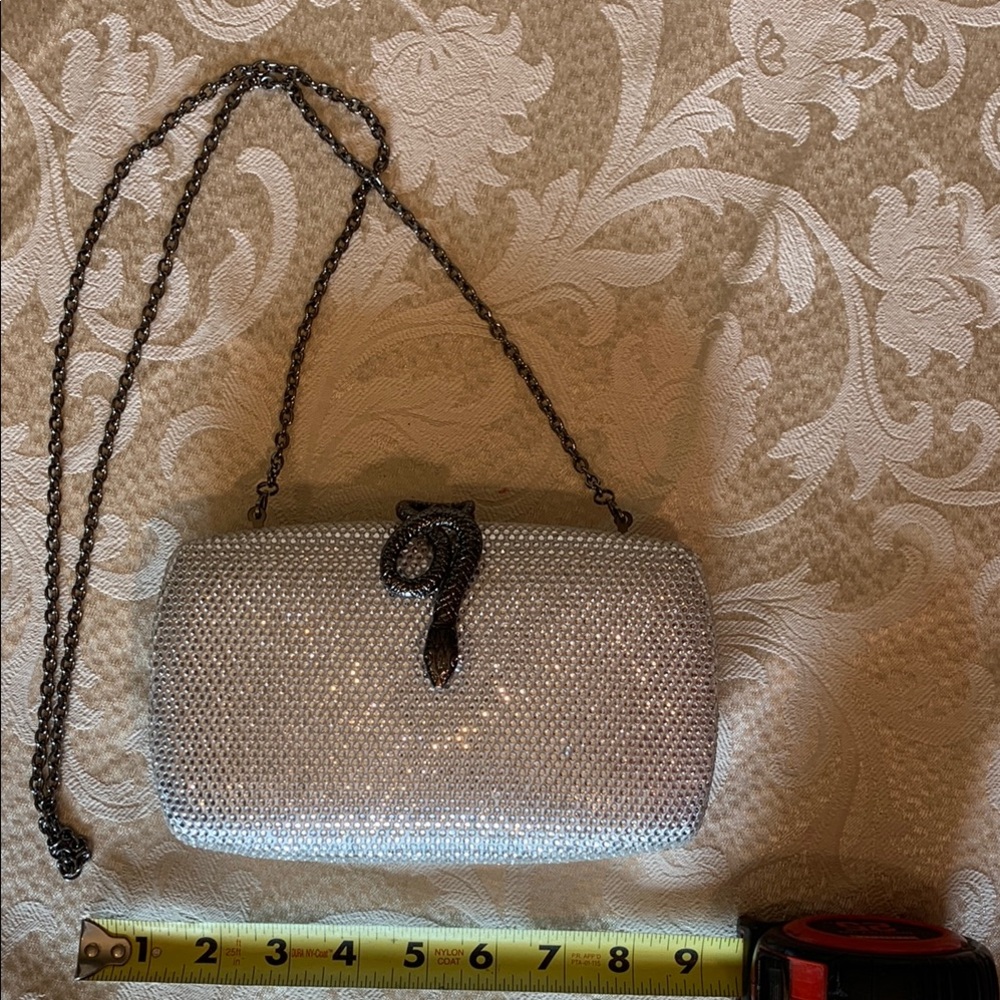 INC Silver beaded Clutch with Chain Strap metal snake clasp
